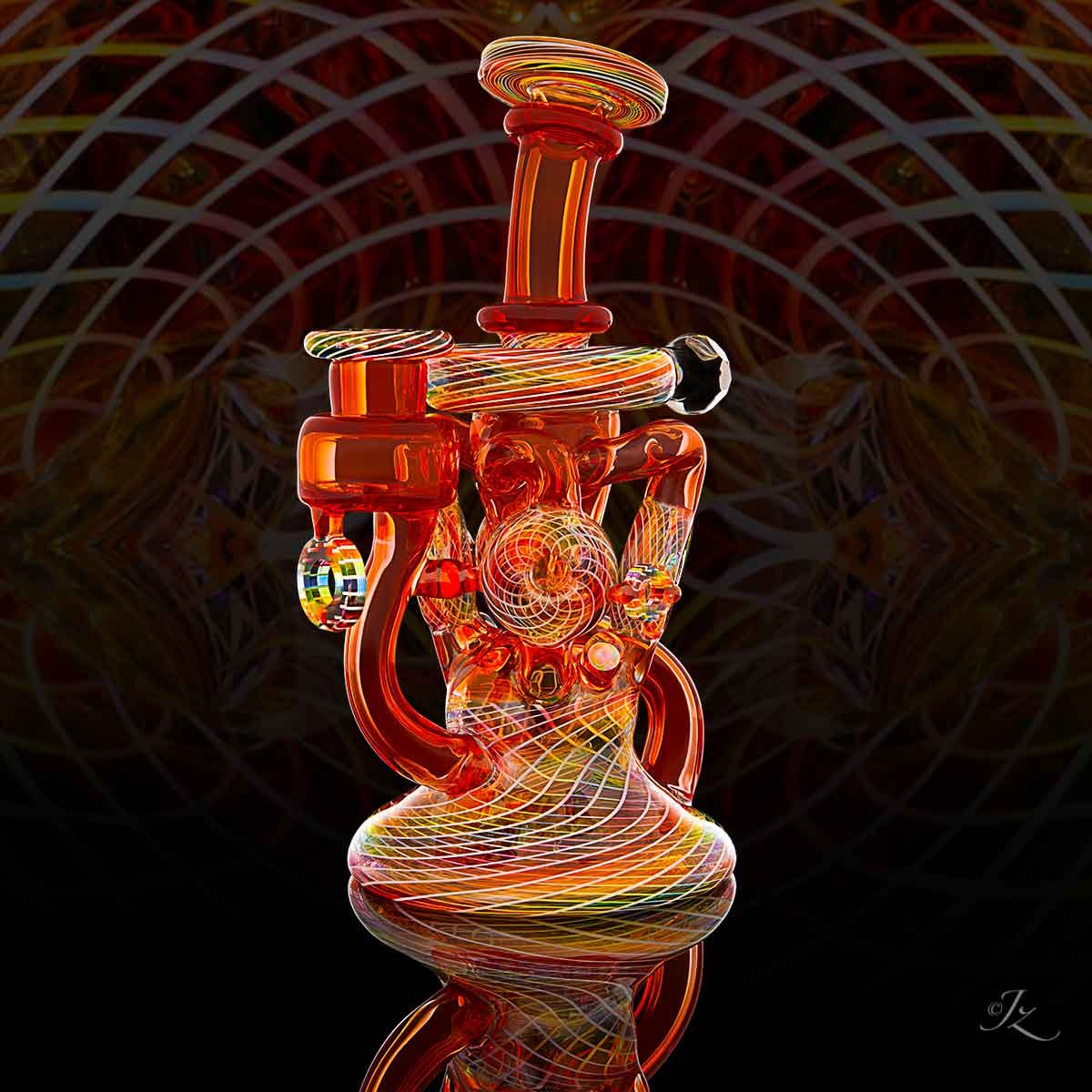 Karma collab — rainbow neon recycler rig against mandala background