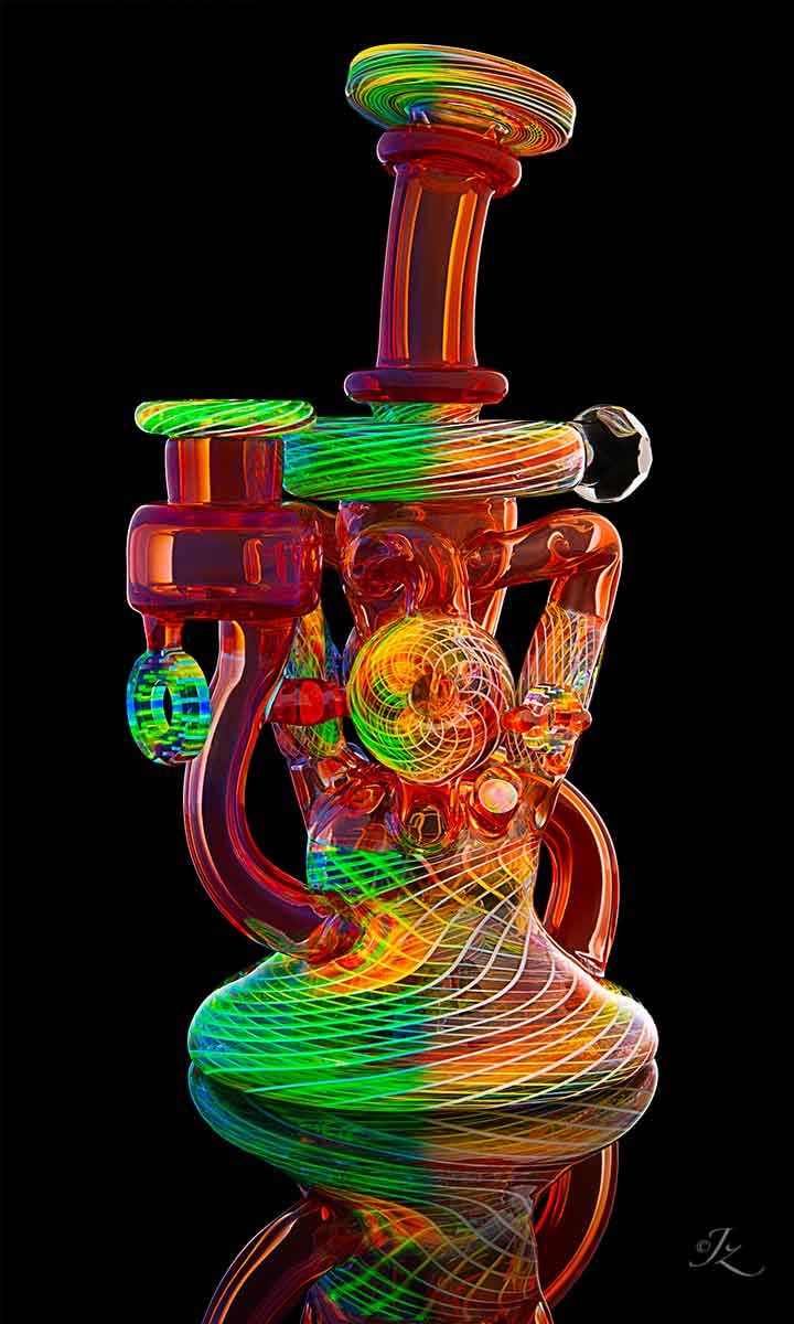 Karma collab — rainbow neon recycler rig portrait orientation on black background