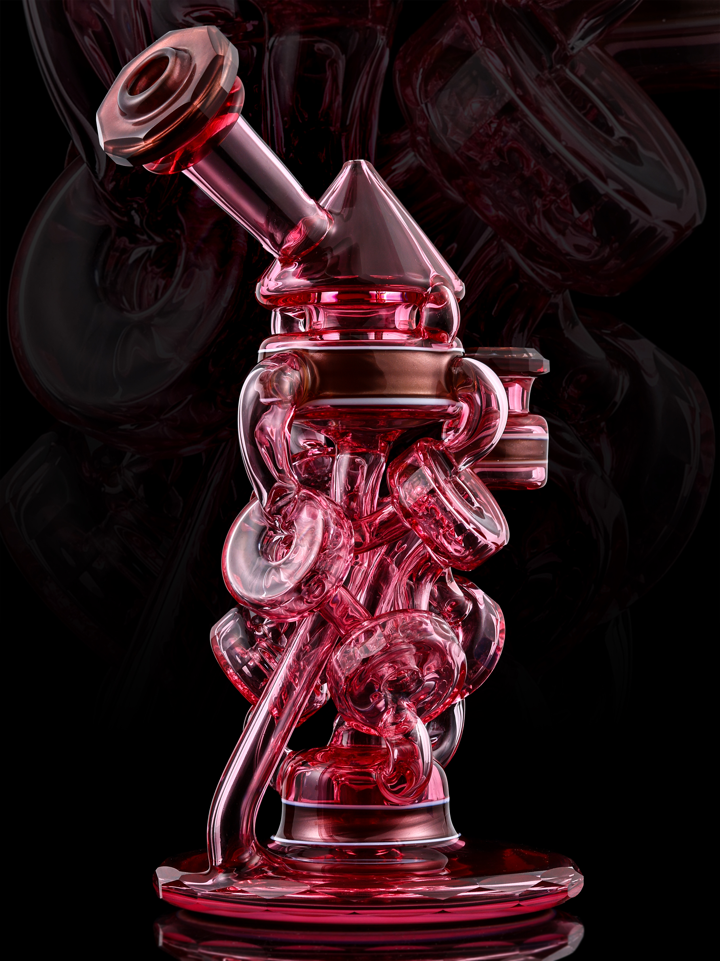 Pink Series — full piece on black background, deep red and pink recycler rig with cone mouthpiece