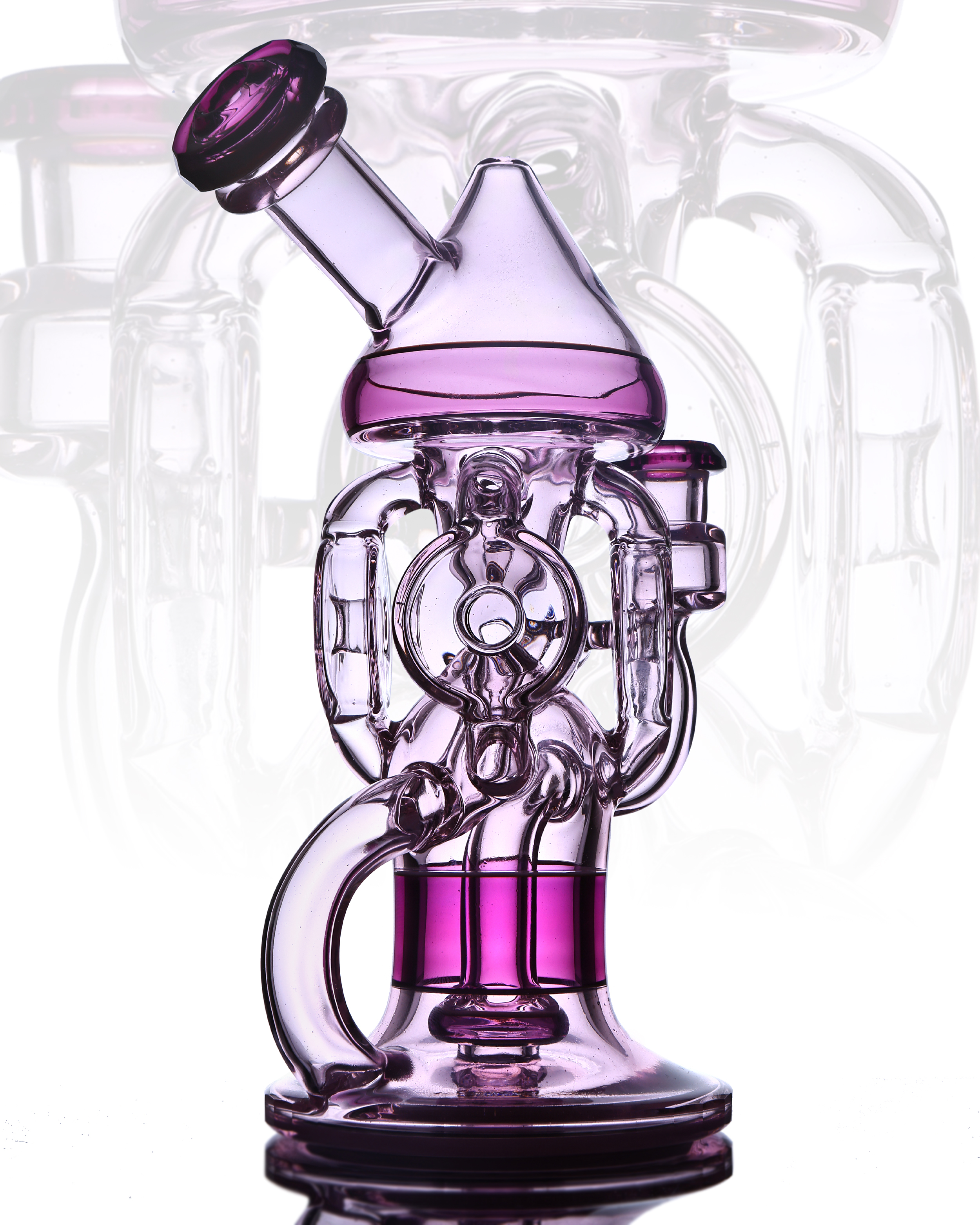 Purple Series — full piece on white background, clear and purple recycler rig with gear percolator